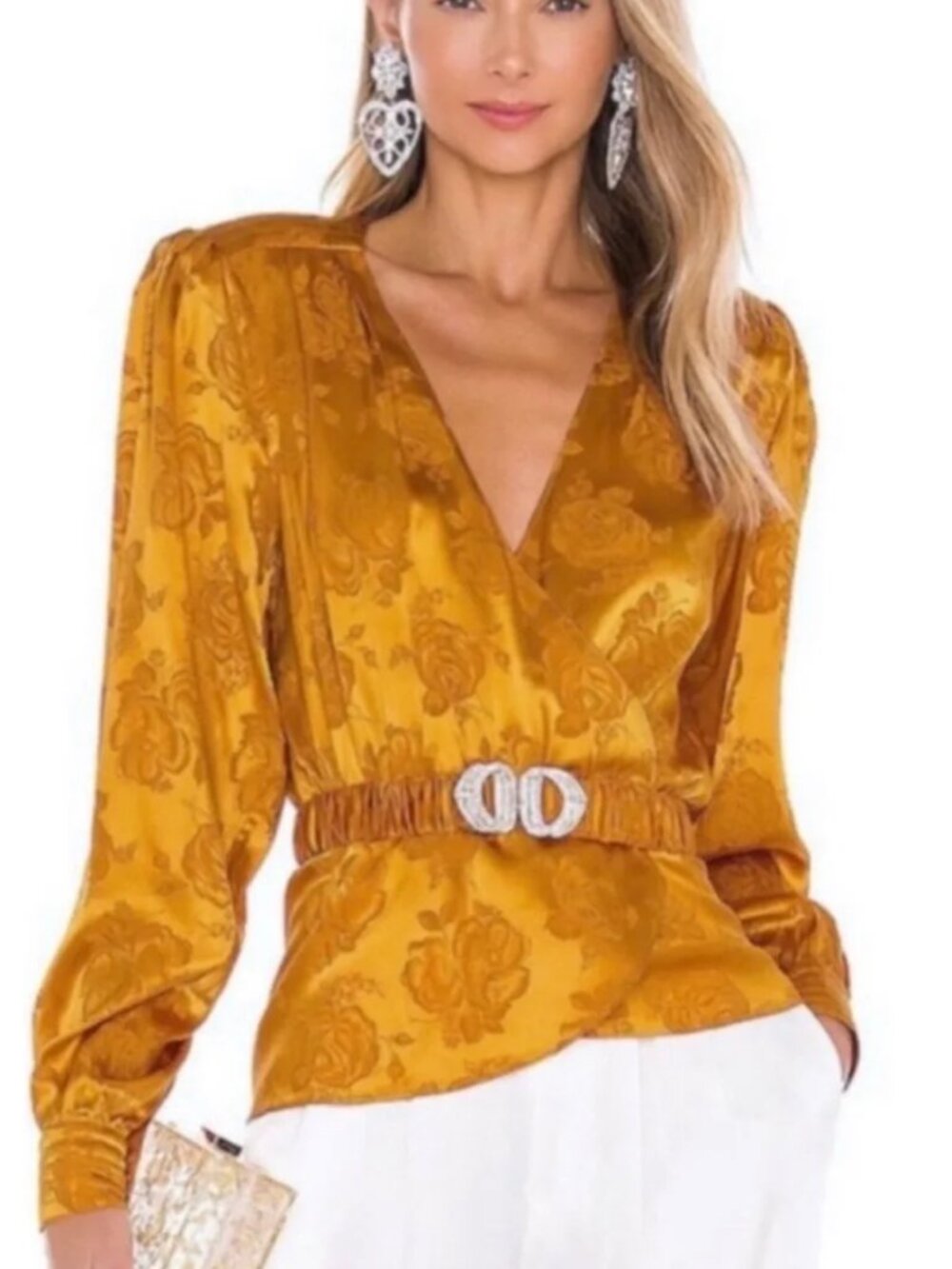 Ronny Kobo Silk Jacquard Crystal Belted Peplum Top – Mustard Gold | NWT